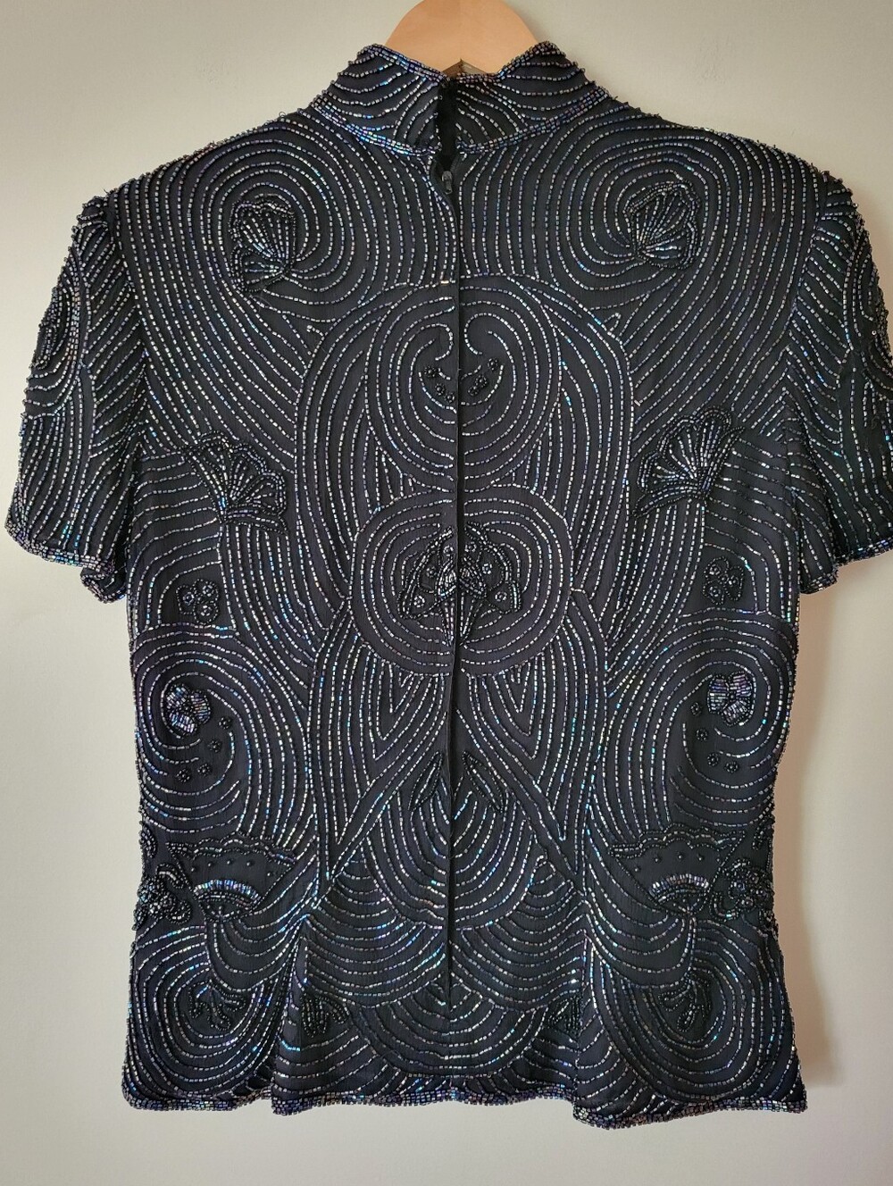 Vintage 90s Glam Goth Beaded Silk Mock Neck Top Black Short Sleeve Blouse Medium - Picture 2 of 9